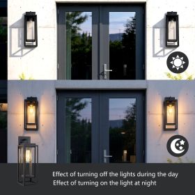 18" Outdoor Wall Light Fixtures Waterproofed Exterior Lantern W/Sturdy Rectangular Double Cage In Satin Black&Clear Tempered Glass