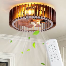 Wooden Fandelier Ceiling Fan with Light and Remote, 20" Flush Mount Caged Ceiling Fan with Light