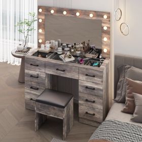 Vanity Desk Set with Large Lighted Mirror and Powre Outlet, Glass Top Makeup Vanity with 9 Drawers, Vanity Table with 12 LED Lights