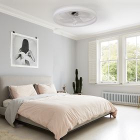 20" Flush Mount Ceiling Fans with Lights and Remote, 3000K-6000K Dimmable LED Fandelier Low Profile Chandelier Ceiling Fan for Bedroom Living Roo (Color: White, Material: Iron)