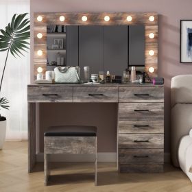 Vanity Desk Set with Large Lighted Mirror and Powre Outlet, Glass Top Makeup Vanity with 7 Drawers, Vanity Table with 12 LED Lights (Color: as picture)